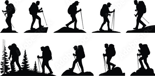 Hiking silhouette, trekking man, outdoor adventure, mountain climbing, nature exploration, backpacker poses, wilderness journey,