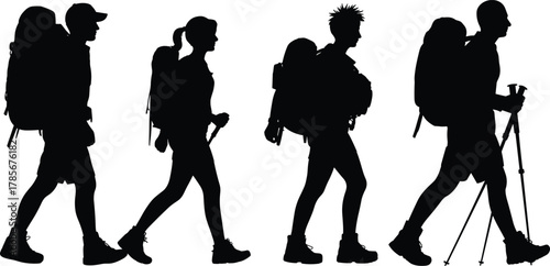 Hiking silhouettes, trekking group, outdoor adventure, backpackers walking, mountain trail, nature exploration, active lifestyle, 