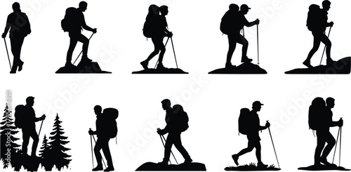 Hiking silhouettes, trekking poles, outdoor adventure, nature exploration, mountain hikers, forest walk, backpacking journey, 