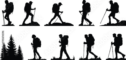 Silhouette hikers trekking, mountain adventure, forest trail, backpacking journey, outdoor exploration, nature travel, pine trees,