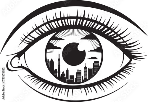Dense modern cityscape contained within iris of human eye graphic vector illustration for optical sight concept