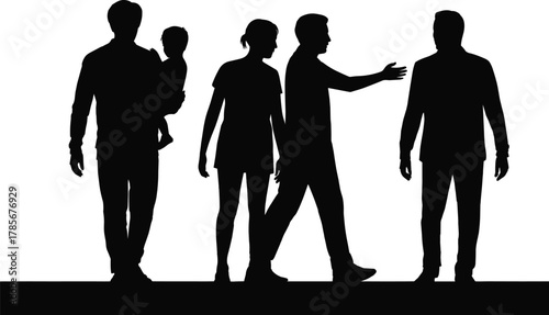 Silhouette, family, people, walking, child, adult, togetherness, bonding, parenting, motion, unity, human, figures, black, white, contrast, interaction, posture, standing, 