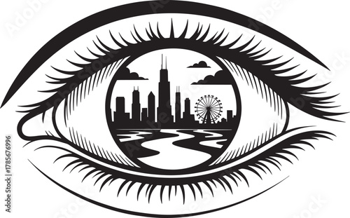 Eye with cityscape silhouette inside pupil featuring chicago skyline river and ferris wheel vector
