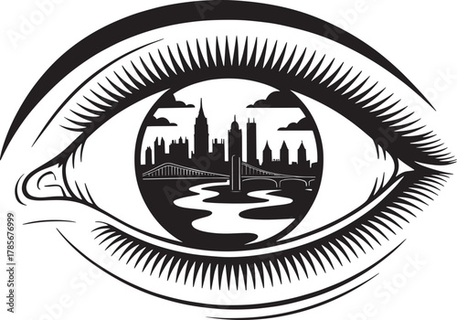 Eye with cityscape silhouette inside pupil featuring london skyline river and landmark bridge vector