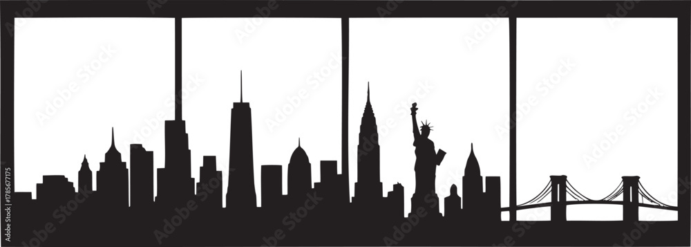 Obraz premium Panoramic new york city skyline silhouette viewed through large windows architectural vector illustration art.