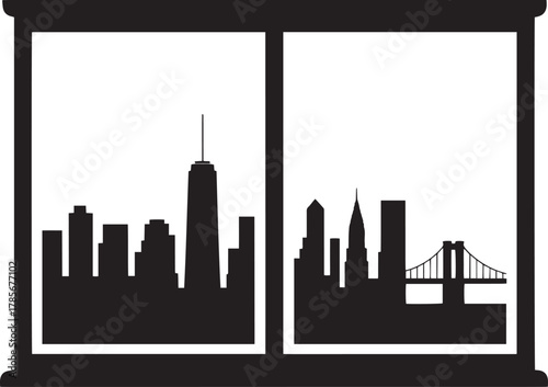 New york city manhattan and brooklyn skyline view through window frame vector silhouette illustration