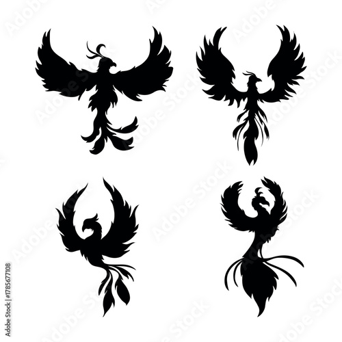 Majestic Fiery Phoenix Silhouette Collection. Symbols of Rebirth, Power, and Eternal Flame