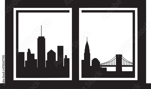 New york city skyline silhouette seen through two pane window frame urban architecture vector drawing art.