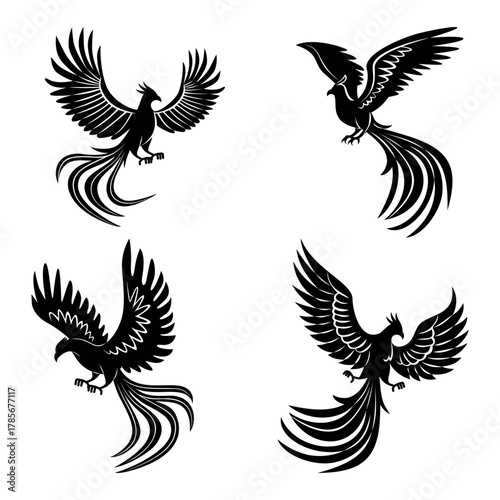 Majestic Fiery Phoenix Silhouette Collection. Symbols of Rebirth, Power, and Eternal Flame