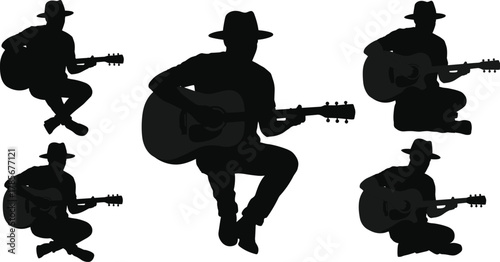 Silhouette, guitar player, seated musician, acoustic guitar, black figure, artistic pose, vector illustration, hat, performance, folk music, creative design, isolated background