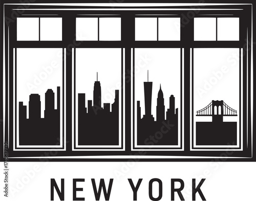New york city skyline silhouette viewed through window frame four panel vector graphic illustration design