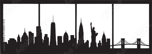 Panoramic new york city skyline silhouette viewed through large windows architectural vector illustration art.