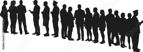 Silhouette, people, queue, crowd, waiting, line, social, interaction, group, standing, hats, uniform, military, police, gathering, conversation, depth, movement, diagonal, pose,