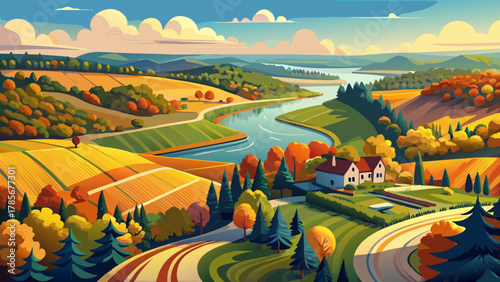 Very beautiful aerial view of the Mississippi River and surrounding farm fields in northern Minnesota on a bright autumn morning, featuring vibrant fall foliage, winding river curves, golden farmland,