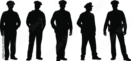 Silhouette, uniformed men, military posture, black shadow, standing figures, police outline, security personnel, group formation, authority stance, law enforcement, isolated, minimal, 