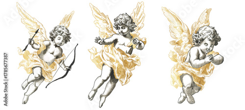 Golden Cupids illustration Freehand collection. Texture of writing materials. Handwritten valentines doodles and pencil strokes. Hand drawn gold set Cupidon line art. Vector