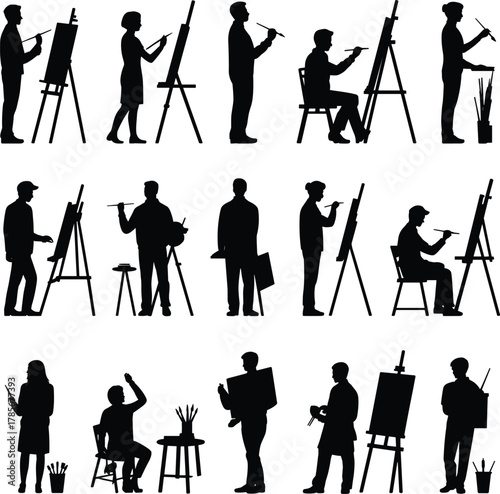 Silhouettes of artists painting, creative people with easels, artistic poses, painters in action, studio scenes, expressive gestures,
