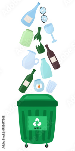 Green recycle bin with glass garbage. Rubbish recycling print with bottles, glass jars, jug, etc. Waste segregation concept. Vector illustration