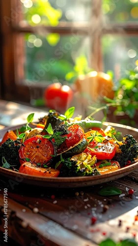 Steaming plate of roasted vegetables with basil. Natural light. Rustic setting. Bokeh window background