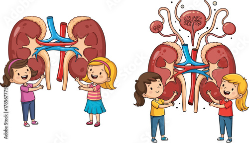 Cute cartoon children learning about human kidney anatomy, educational biology illustration showing urinary system organs for science and medical education concept