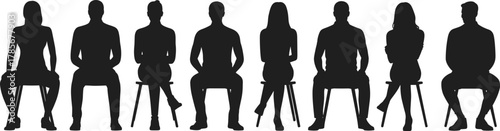 Silhouettes of diverse people sitting on stools, minimalistic human figures, black silhouettes, conceptual design, group formation, posture variation, modern graphic illustration, isolated background