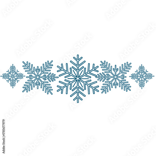 Decorative horizontal divider with geometric snowflakes in crisp nordic blue color