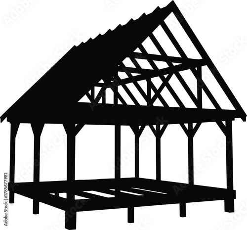 Wooden frame structure silhouette illustration, pitched roof construction design, black white architecture concept, carpentry engineering framework, traditional timber building symbol