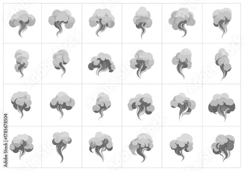 Smoke Animation Sprite Sheet with Varied Cloud Shapes and Density.