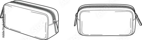 Zipper pouch, bag, case, accessory, storage, travel, rectangular, design, sketch, outline, technical, drawing, mockup, zippered, pull tab, front view, side view, cosmetic, organizer, illustration