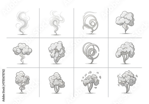 Cartoon Smoke and Steam Effects Collection: Varied Shapes and Densities.