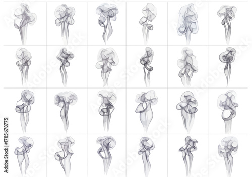 Collection of Stylized Gray Smoke Plumes on White Background.