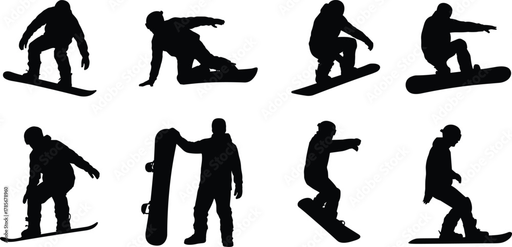 Fototapeta premium Snowboarding silhouettes, snowboarder poses, winter sports action, freestyle tricks, black figures, jumping, riding, sitting, holding board, extreme sport, vector art, isolated design