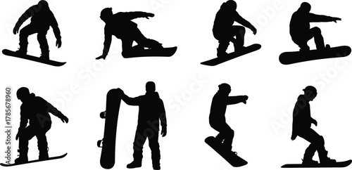 Snowboarding silhouettes, snowboarder poses, winter sports action, freestyle tricks, black figures, jumping, riding, sitting, holding board, extreme sport, vector art, isolated design