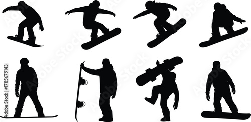 Snowboarding silhouettes, winter sports action, freestyle tricks, snowboard poses, athletic stances, black silhouettes, snowboarding culture, extreme sports, snowboard gear,