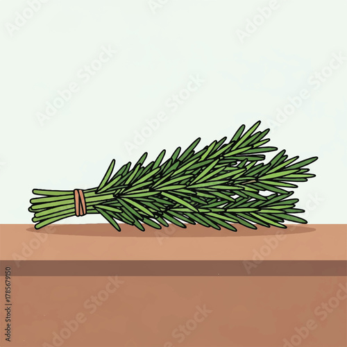 A bunch of rosemary sprigs tied with an orange band rests on a brown surface