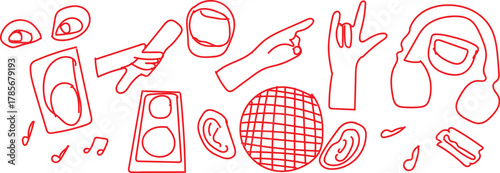 Abstract red line art of hands and audio equipment A collection of red line drawings depicting hands in various gestures alongside abstract representations of audio equipment like speakers 
