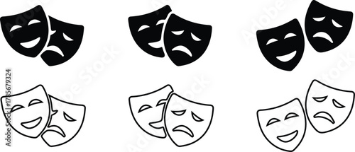 theatre mask black black line icons set vector design art