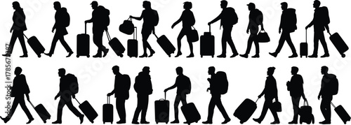 Travelers, walking, silhouettes, luggage, airport, journey, transit, tourism, people, motion, suitcase, travel, vacation, black, isolated, crowd, mobility, departure, passengers,