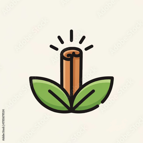 A cartoon cinnamon stick with leaves and radiating lines