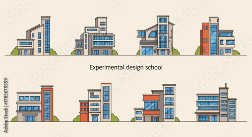 Illustration of a school building in front of mountains with education icons.