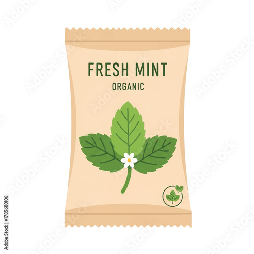 A cartoon of a Fresh Mint Organic tea bag with a mint leaf illustration