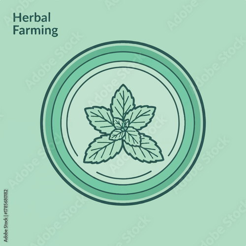 A circular emblem with mint leaves and the text Herbal Farming