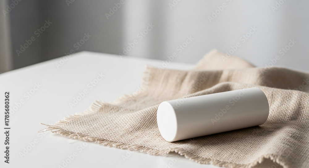 Naklejka premium Minimalist White Product Cylinder on Natural Linen Fabric perfect for Product display, packaging mockup, beauty blog,