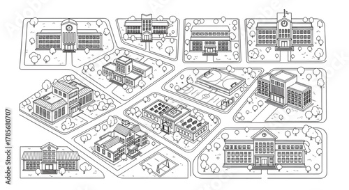 Isometric line art illustration of a city district map with various public buildings like schools and hospitals.