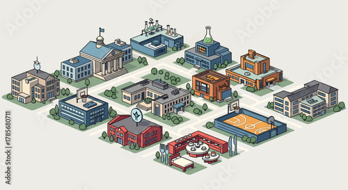 Isometric illustration of a modern university campus with various academic buildings and recreational facilities.