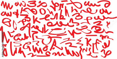 Abstract red scribbles and symbols on white background  A chaotic and energetic composition of red lines, shapes, and what appear to be abstract characters or symbols on a plain white surface.