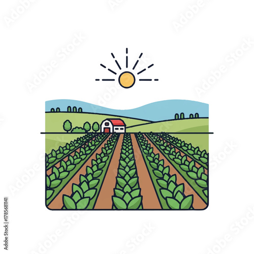 A farm field with rows of crops a barn and a sun