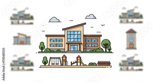 Illustration of a school building in front of mountains with education icons.