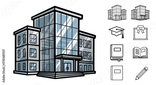 Illustration of a school building and education-related icons.