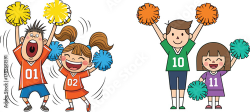 Happy cartoon kids cheerleaders with pom poms, cheering team illustration, joyful children in sports uniforms celebrating victory and teamwork